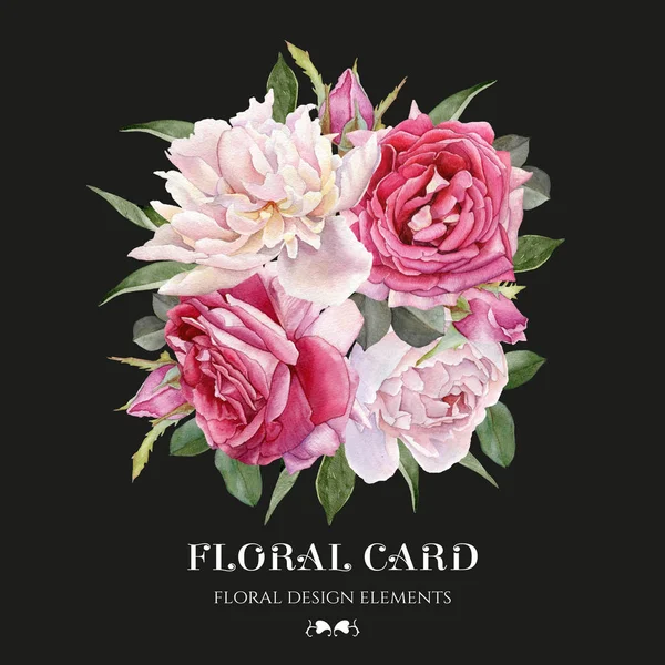 Blommig kort. Bukett av akvarell rosor och vita pioner — Stockfoto