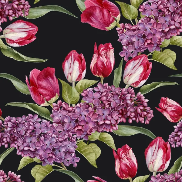 Kwiatowy wzór z akwarela bzu i tulipany — Zdjęcie stockowe