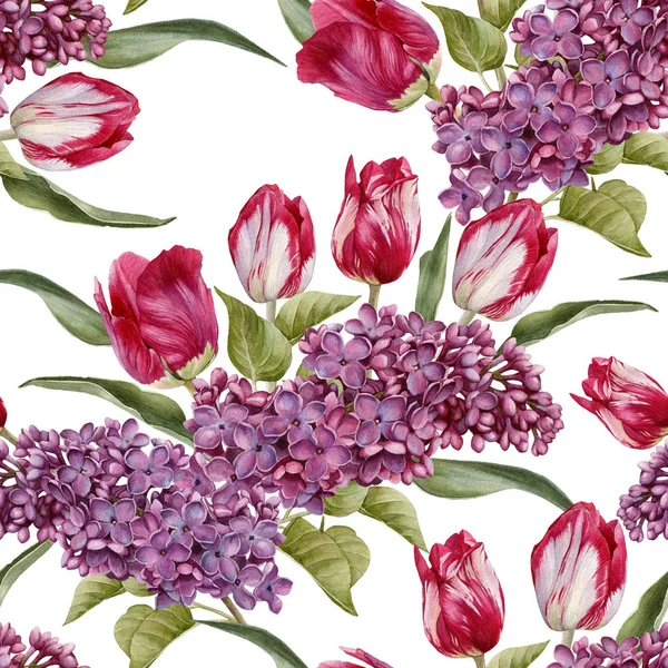 Kwiatowy wzór z akwarela bzu i tulipany — Zdjęcie stockowe