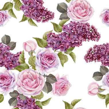 Suluboya leylak ve güller çiçek seamless modeli