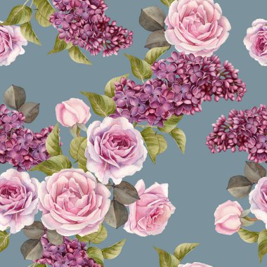 Suluboya leylak ve güller çiçek seamless modeli