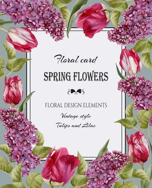 Tarjeta de felicitación floral vintage con un marco de tulipanes de acuarela y lila . — Foto de Stock