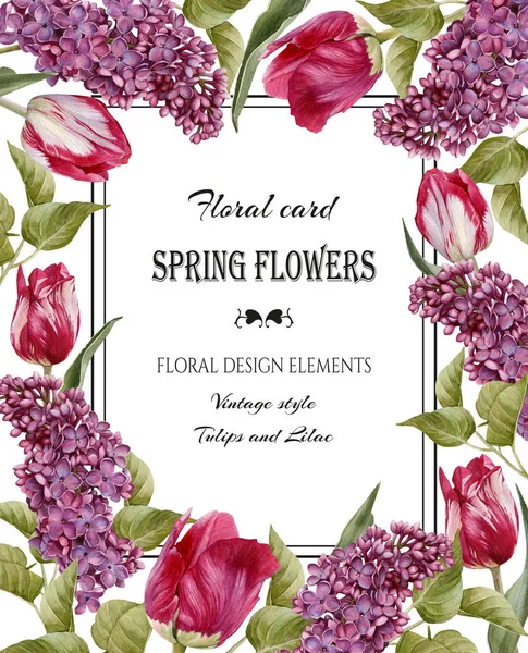 Vintage blommig gratulationskort med en ram av akvarell tulpaner och syren. — Stockfoto