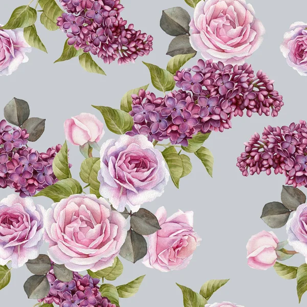 Floral seamless pattern with watercolor lilac and roses — Stock Photo, Image