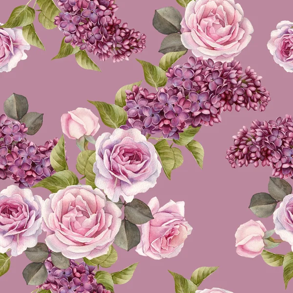 花式无缝花纹与水彩丁香和玫瑰 — 图库照片