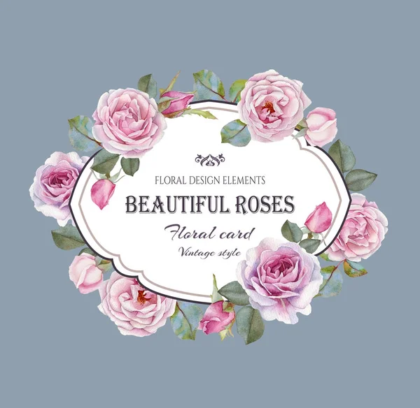 Carte Vœux Fleurie Vintage Avec Cadre Roses Aquarelles Illustration — Photo