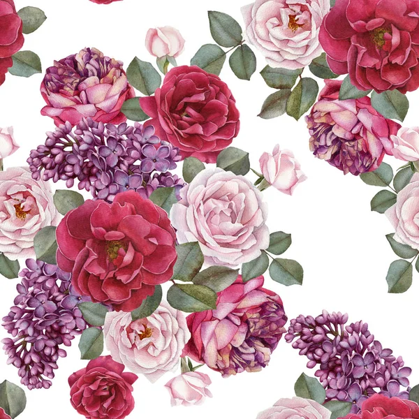 Floral seamless pattern with watercolor roses and lilac — Stock Photo, Image