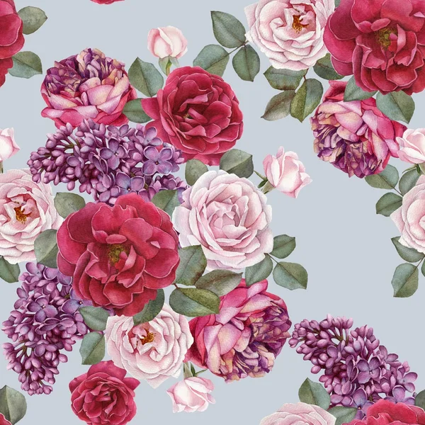 Floral seamless pattern with watercolor roses and lilac — Stock Photo, Image