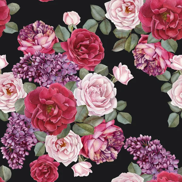 水彩のバラとライラックのシームレス花柄 — ストック写真