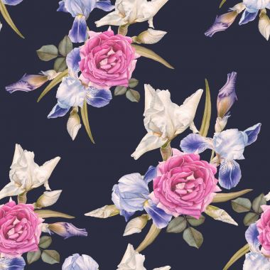 Suluboya süsen ve güller çiçek seamless modeli