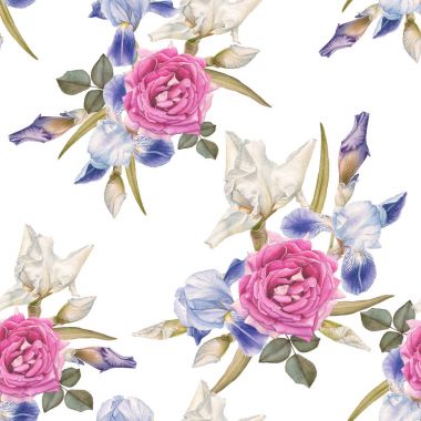 Suluboya süsen ve güller çiçek seamless modeli