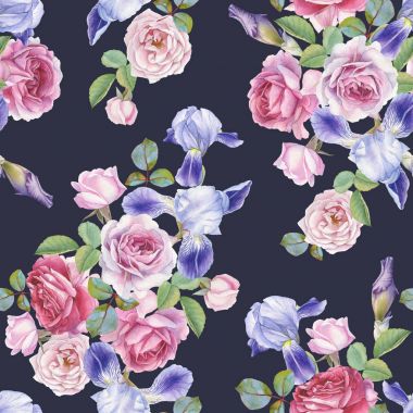 Suluboya gül ve irisler çiçek seamless modeli