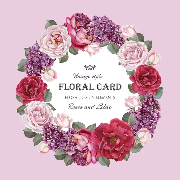 Carte Vœux Fleurie Vintage Avec Cadre Roses Aquarelles Lilas Une — Photo