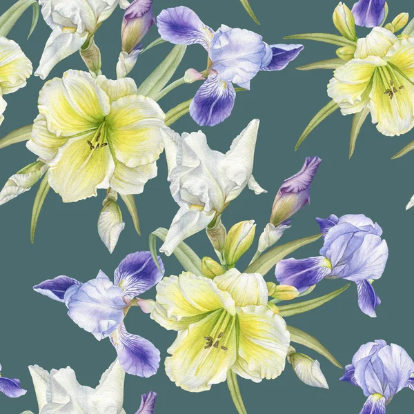 Floral seamless pattern with watercolor iris, daylily — Stock Photo, Image