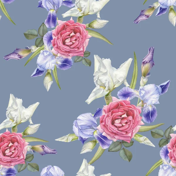 Floral seamless pattern with watercolor irises and roses — Stock Photo, Image