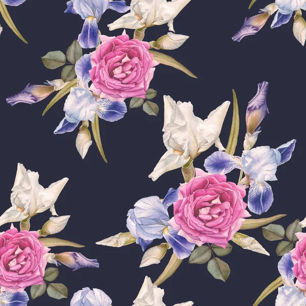 Suluboya süsen ve güller çiçek seamless modeli