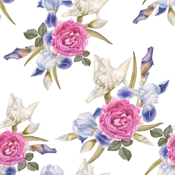 Floral seamless pattern with watercolor irises and roses — Stock Photo, Image