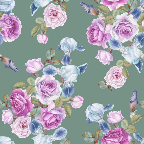 Floral Seamless Pattern Watercolor Roses Irises — Stock Photo, Image