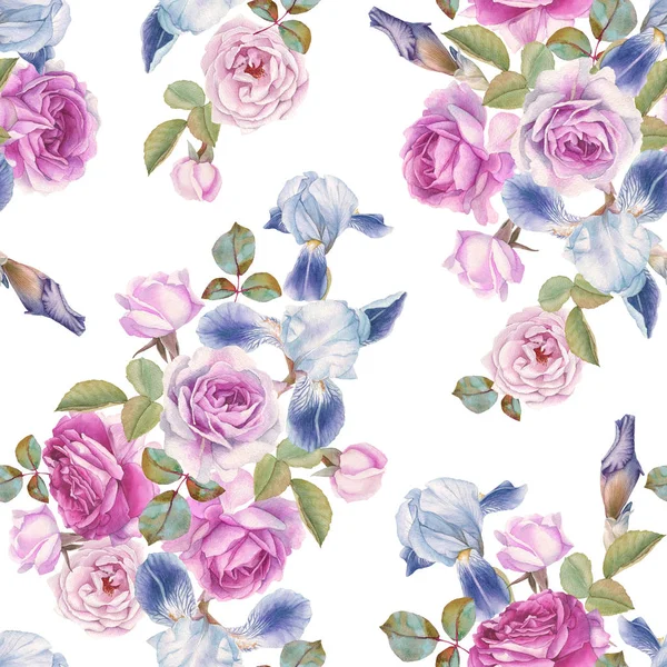 Varrat Nélküli Virágmintás Akvarell Rózsákkal Íriszek — Stock Fotó