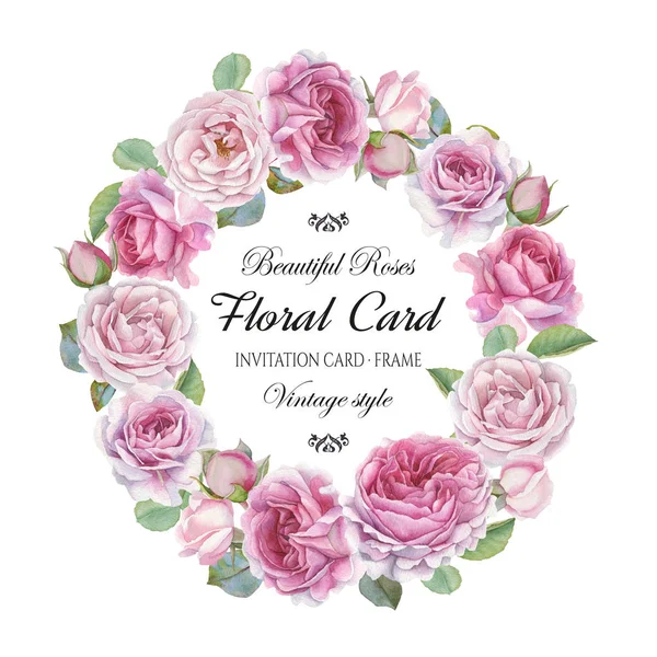 Carte de vœux fleurie vintage avec un cadre de roses aquarelles. Couronne de fleurs . — Photo