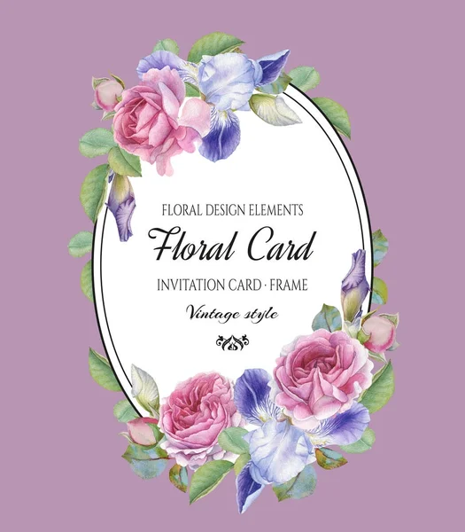 Carte de vœux fleurie vintage avec cadre de roses aquarelles et iris . — Photo