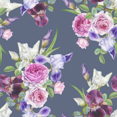 Suluboya gül ve irisler çiçek seamless modeli