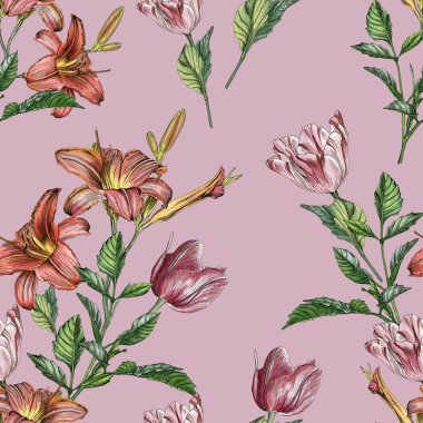 Suluboya lilyum ve Lale çiçek seamless modeli