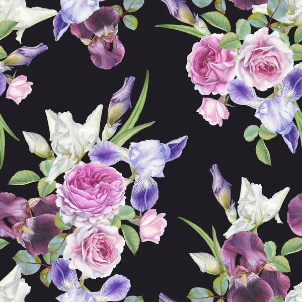 Floral seamless pattern with watercolor roses and irises — Stock Photo, Image