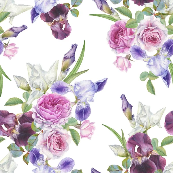Motivo floreale senza cuciture con rose acquerello e iris — Foto Stock