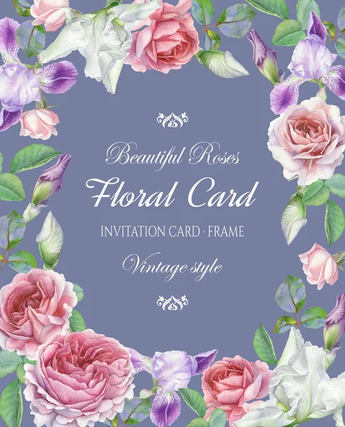 Floral greeting card with a frame of watercolor roses and iris. — Stock Photo, Image