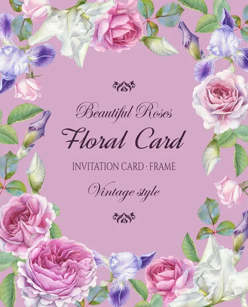 Carte de vœux florale avec cadre de roses aquarelles et iris . — Photo