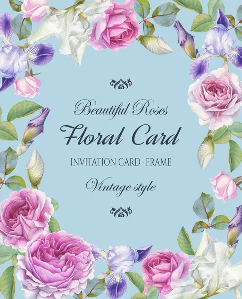 Carte de vœux florale avec cadre de roses aquarelles et iris . — Photo