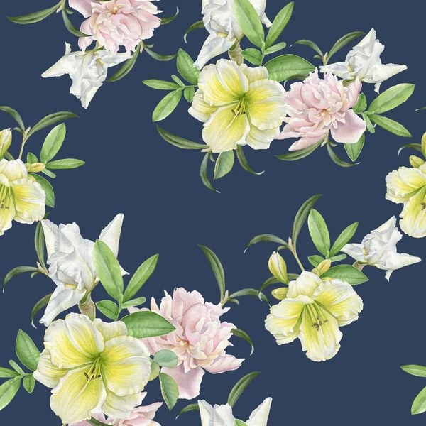 Florales nahtloses Muster mit Lilie, Pfingstrose, Iris — Stockfoto