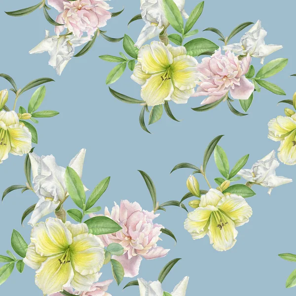 Floral seamless pattern with lily, peony, iris — Stock Photo, Image