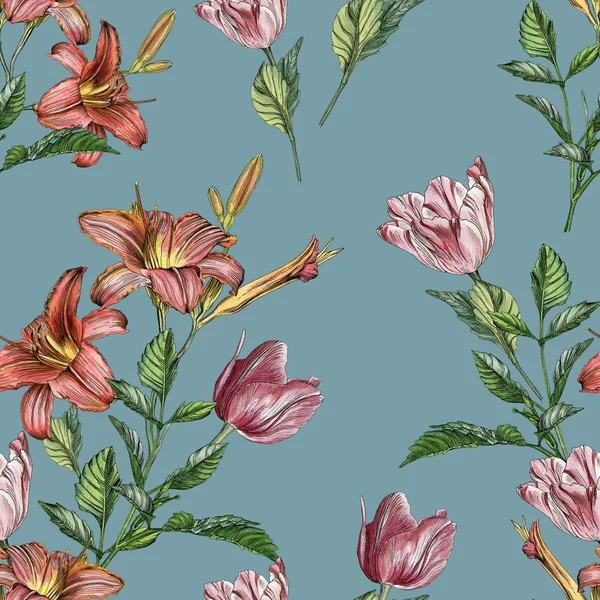 Florales nahtloses Muster mit Aquarelllilien und Tulpen — Stockfoto