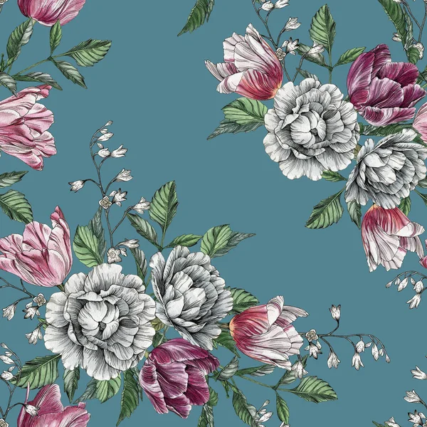 Florales nahtloses Muster mit Aquarell-Tulpen und Rosen — Stockfoto