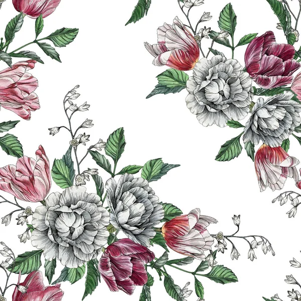 Patrón sin costura floral con tulipanes de acuarela y rosas —  Fotos de Stock