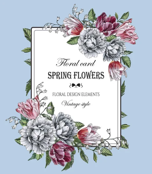 Vintage-Blumen-Grußkarte mit einem Rahmen aus Rosen und Tulpen. — Stockfoto