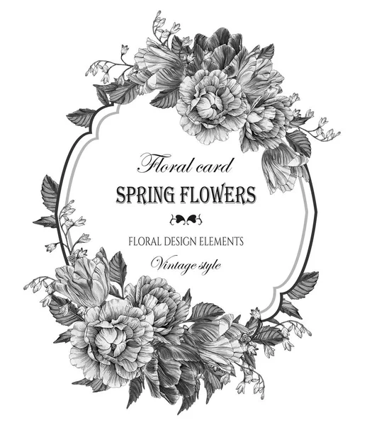 Vintage virágos üdvözlés kártya-val egy keret, a rózsa és a tulipánok. — Stock Fotó