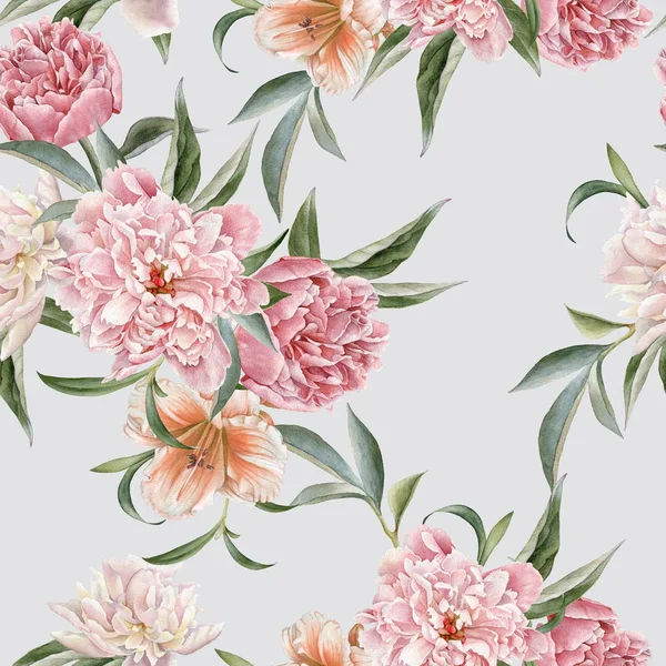 Floral seamless pattern with peonies and lily — Stock Photo, Image