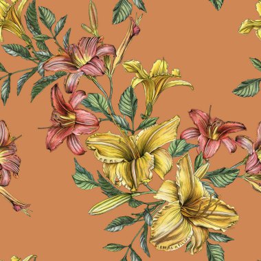 Suluboya daylilies ile çiçek seamless modeli