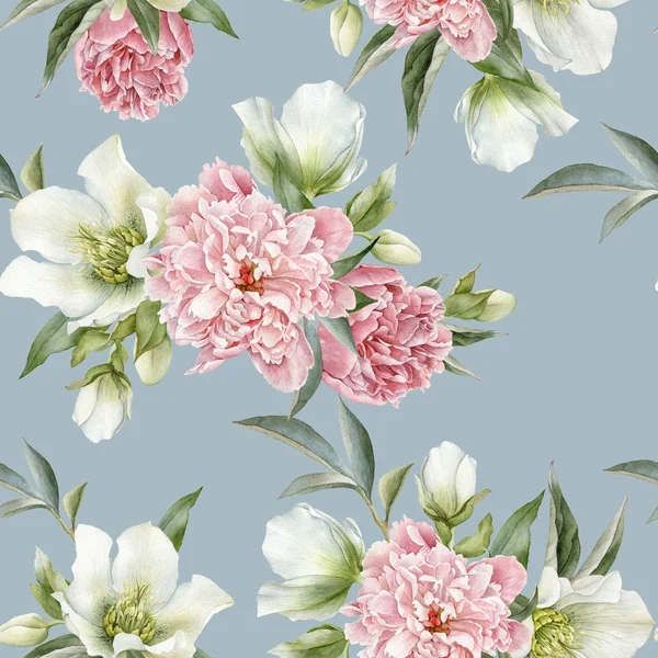 Floral seamless pattern with peonies and hellebore — Stock Photo, Image