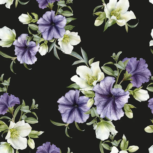 Patrón Sin Costura Floral Con Petunias Hellebore —  Fotos de Stock