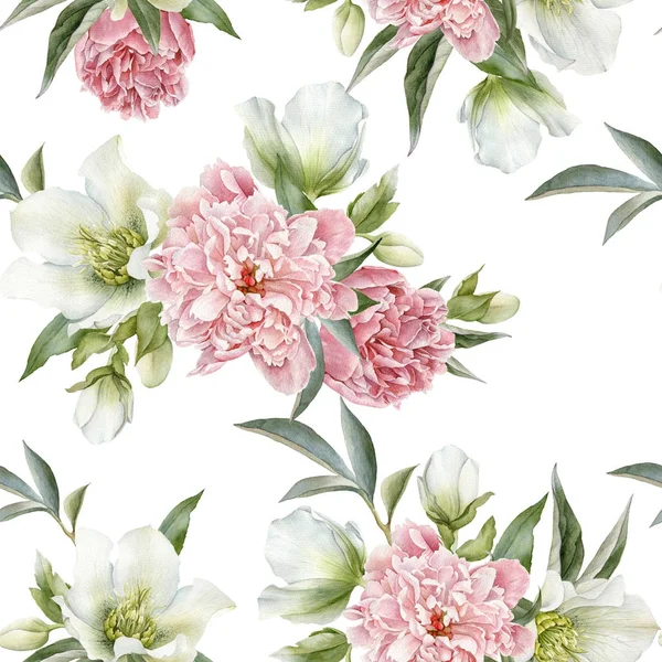 Patrón sin costura floral con peonías y hellebore —  Fotos de Stock