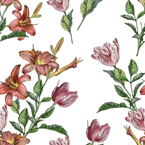 Florales nahtloses Muster mit Aquarelllilien und Tulpen — Stockfoto