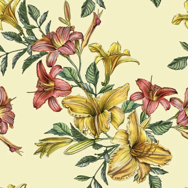 Akvarell daylilies a varrat nélküli virágmintás — Stock Fotó