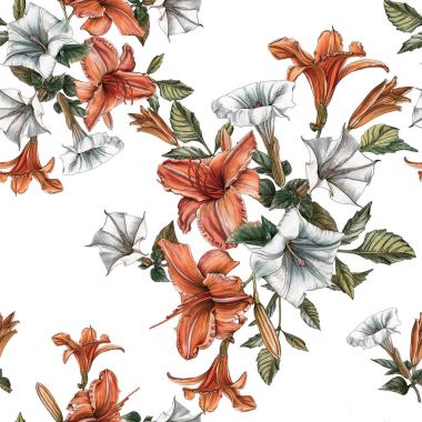 Suluboya daylilies ve tatula çiçek çiçek seamless modeli