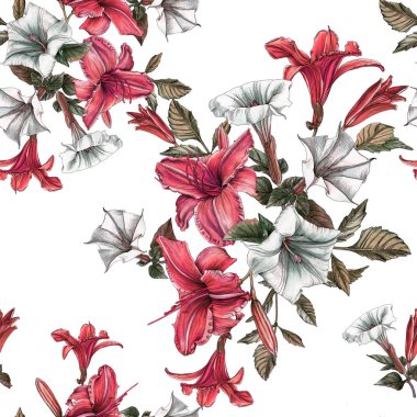 Suluboya daylilies ve tatula çiçek çiçek seamless modeli