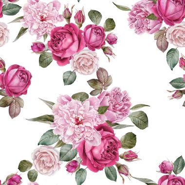 Suluboya kırmızı gül ve peonies çiçek seamless modeli 