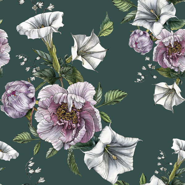 Цветочный бесшовный узор с акварельными пионами и цветком датура
